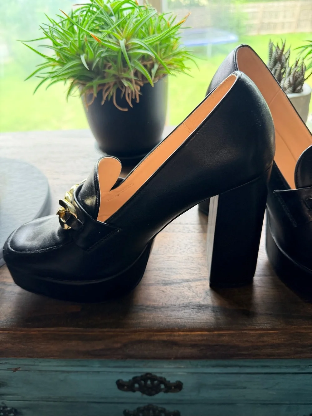 Black Platform Block Heel Loafers with Gold Chain Accent